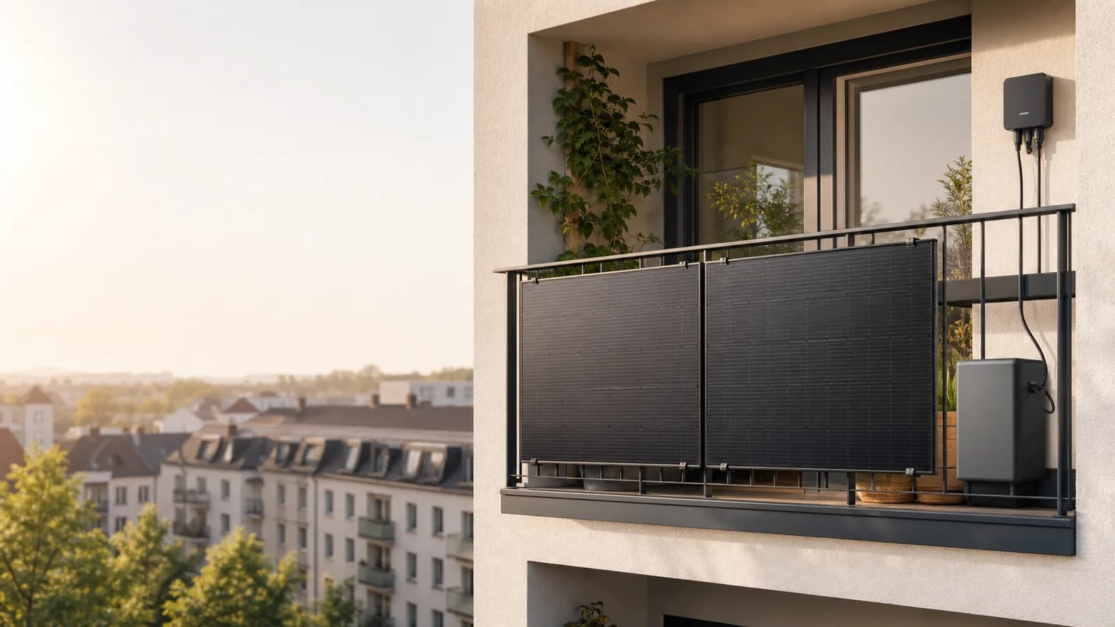 Urbaner Balkon mit zwei Solarmodulen und kompaktem Stromspeicher